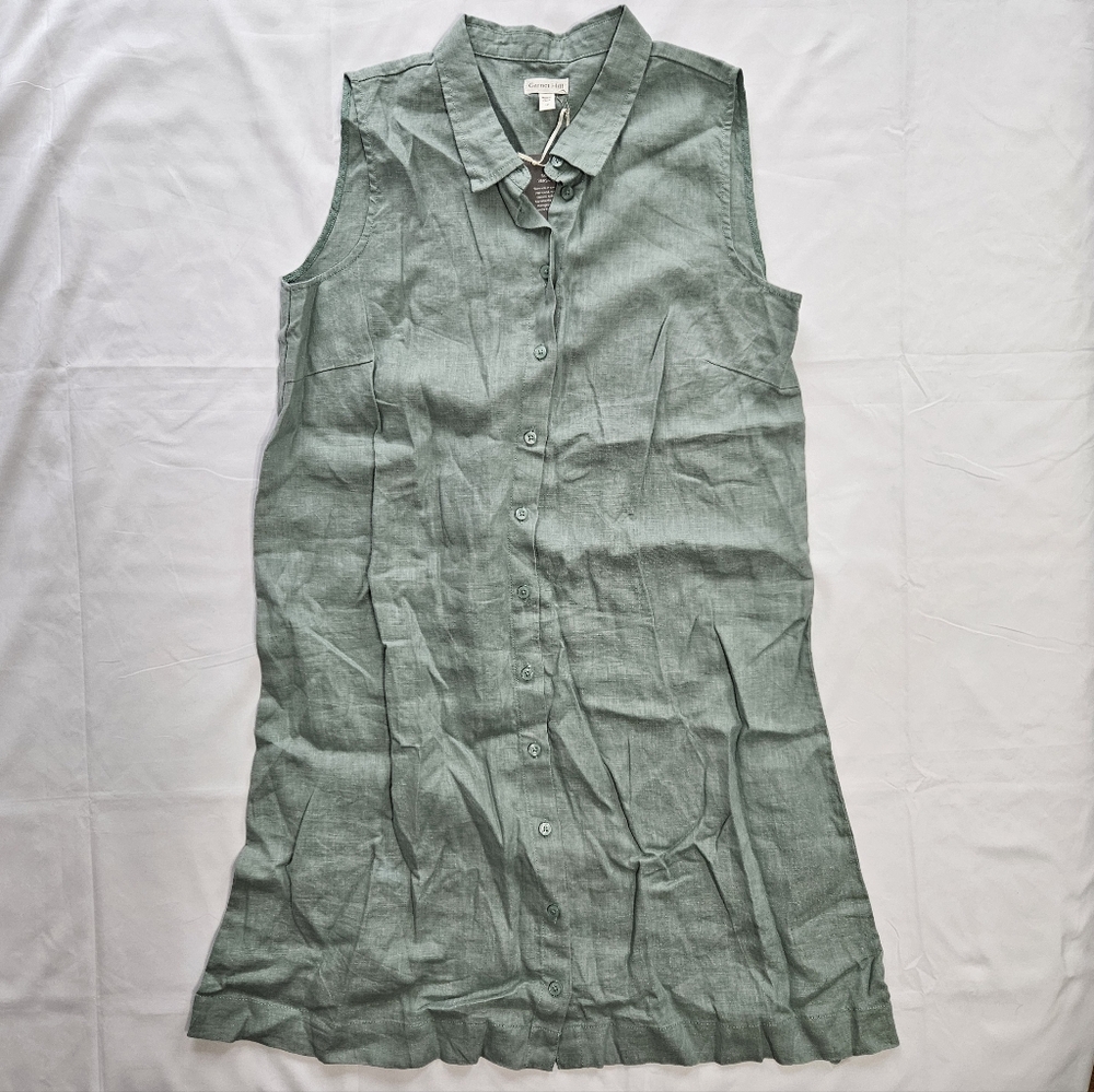 Garnet Hill Womens 12 Linen Shirt Dress Green Sleeveless Collared Button Down